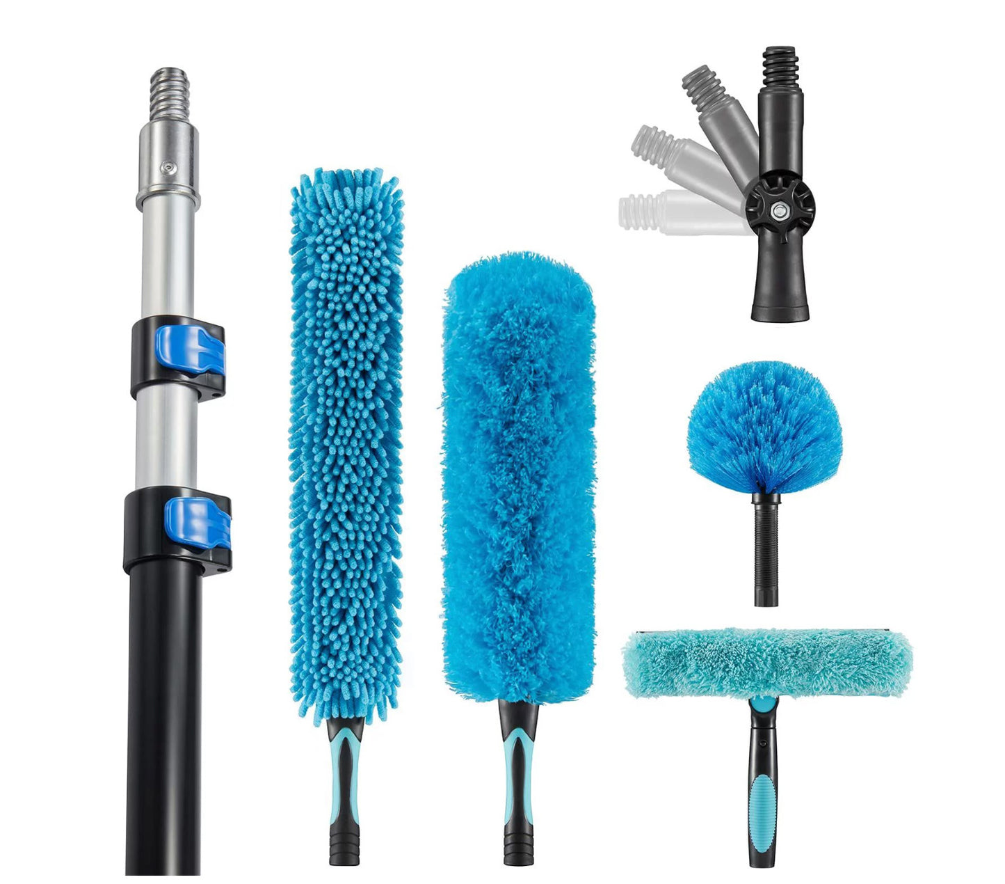 20 Foot High Ceiling Fan Duster with 5-12 Foot Extension Pole, Extendable Reusable Cobweb, Feather, Window Cleaning Squeegee Kit