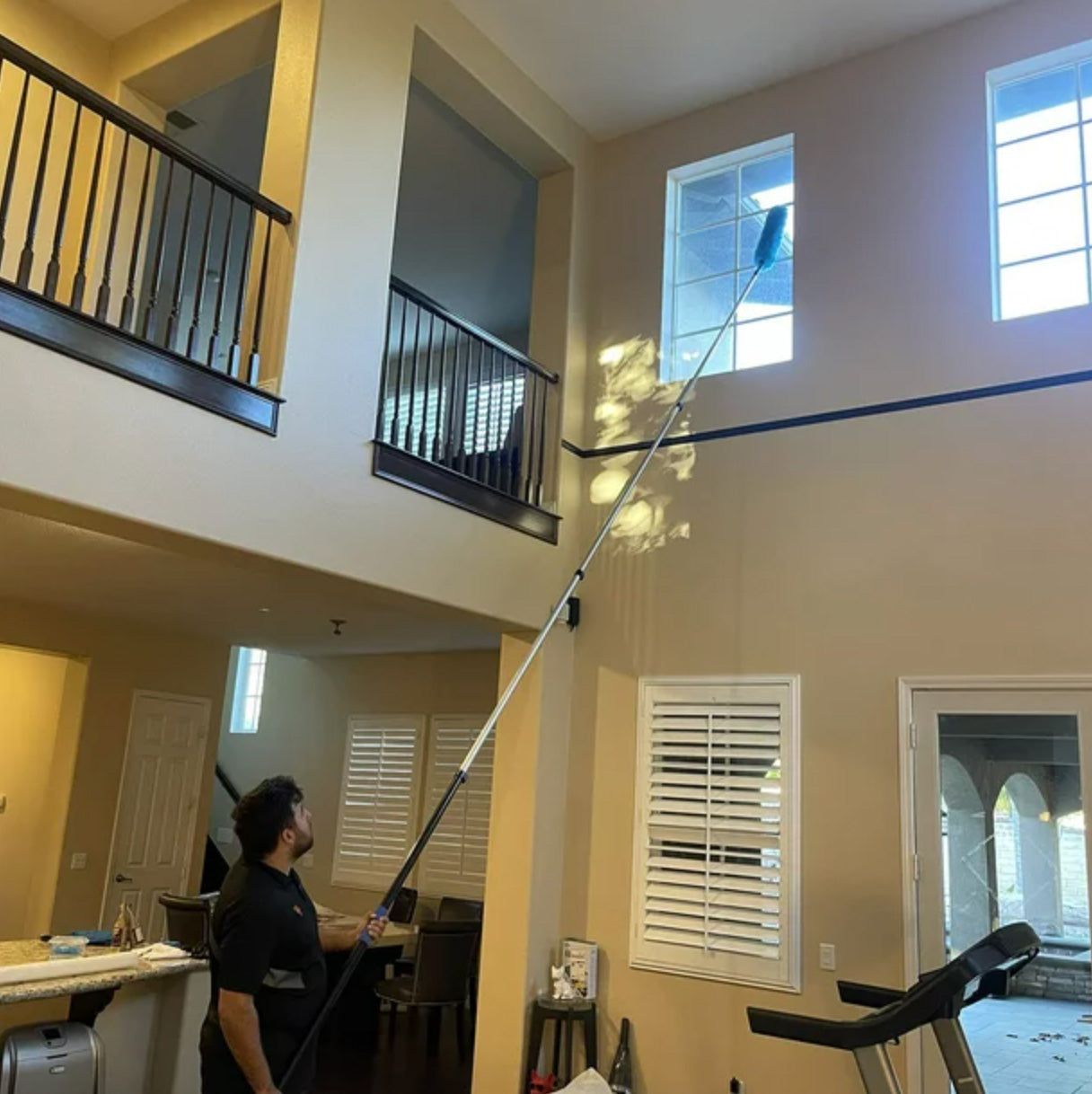 20 Foot High Ceiling Fan Duster with 5-12 Foot Extension Pole, Extendable Reusable Cobweb, Feather, Window Cleaning Squeegee Kit