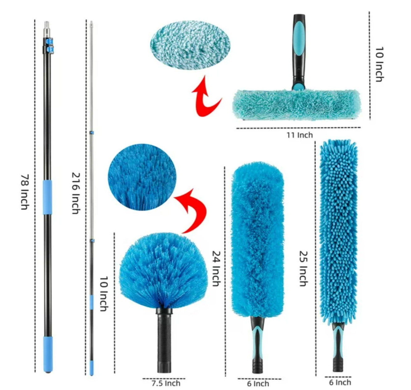 20 Foot High Ceiling Fan Duster with 5-12 Foot Extension Pole, Extendable Reusable Cobweb, Feather, Window Cleaning Squeegee Kit