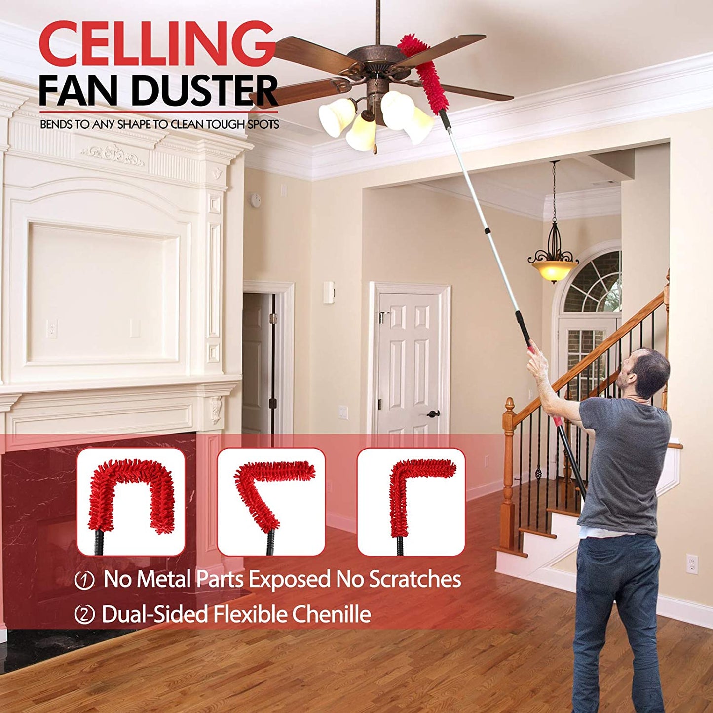 Microfiber Flexible Ceiling Fan Duster with Washable Chenille Dusting Cloth (Pole Not Included)